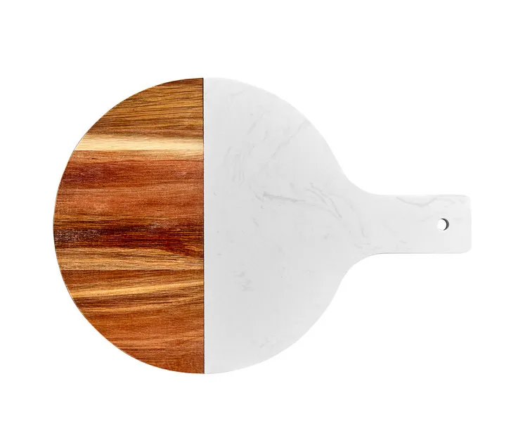 Acopa 10" Round Acacia Wood and Marble Serving Board with 4" Handle