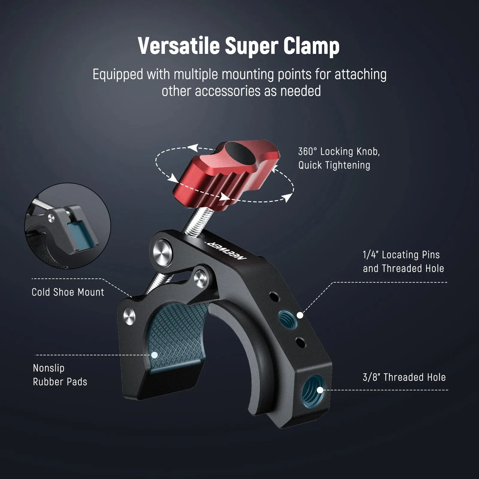 Crab Shaped Camera Clamp Mount with Cold Shoe and Threaded Holes Max Load 4.4lb/2kg