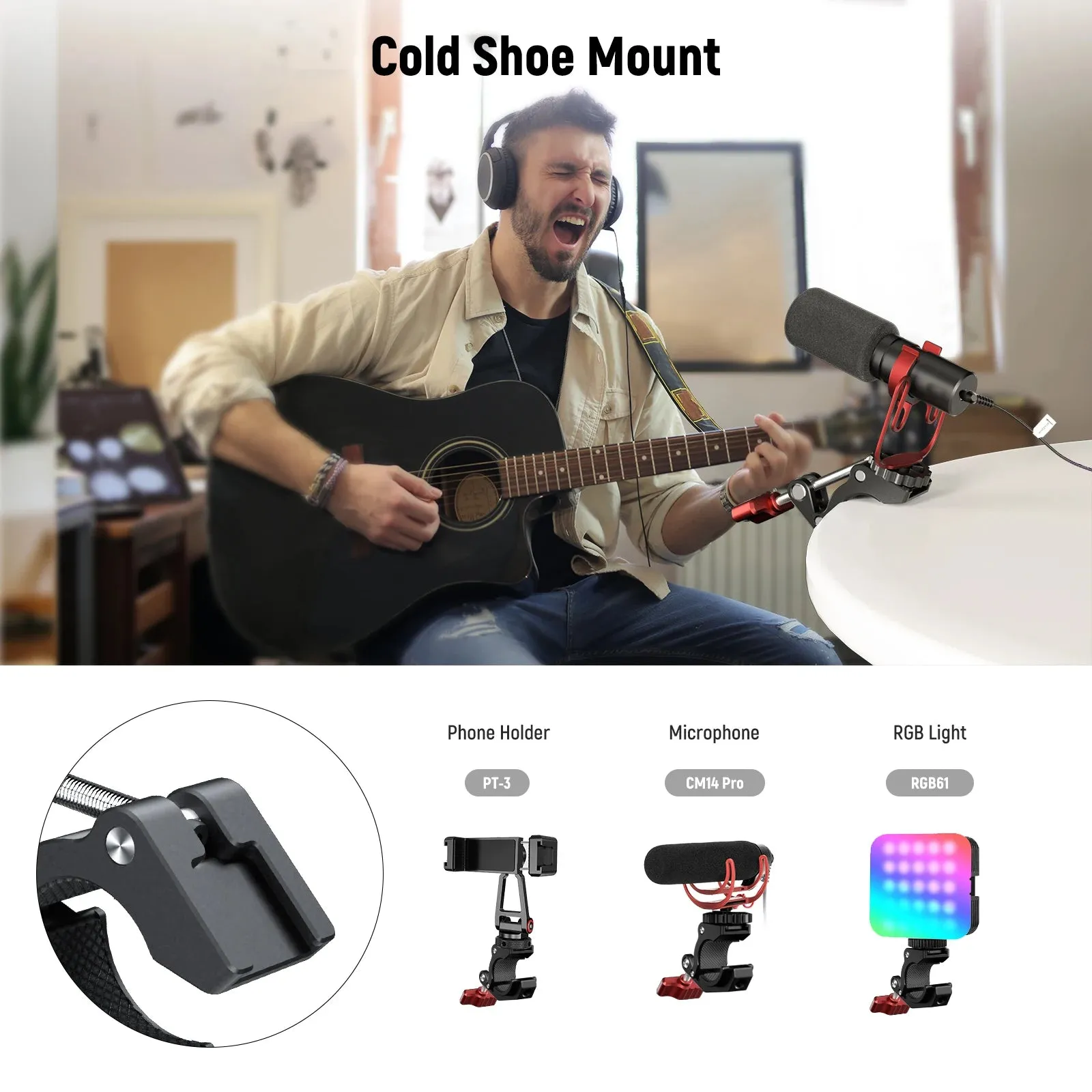 Crab Shaped Camera Clamp Mount with Cold Shoe and Threaded Holes Max Load 4.4lb/2kg