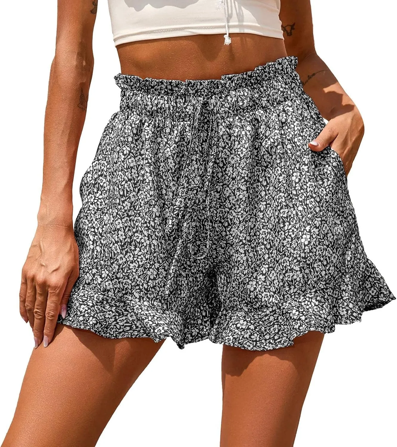 Rvidbe Flowy Shorts for Women Casual Boho Floral Skorts Ruffle Mini Skirts Summer Lightweight Chiffon Butterfly Shorts